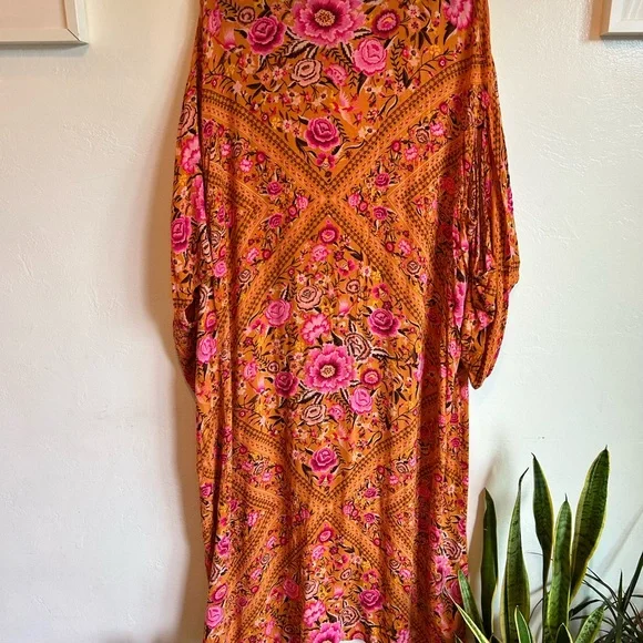Spell Vibrant Marigold and Pink Floral Kimono w/ Belt - Picture 6 of 6